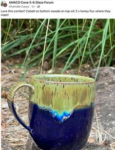 a blue and green coffee cup sitting on top of a rock next to some grass