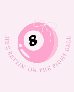 the eight ball logo is pink and has a bow around it's neck, on top of a light pink background