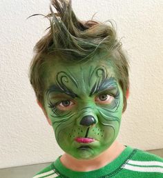 Diy Grinch Face Paint, Lorax Face Paint, Grinch Face Makeup, Halloween Makeup Boys Kids, Grinch Face Paint Kids, The Grinch Face Paint, Diy Grinch Costume, Kids Grinch Costume, Grinch Face Paint