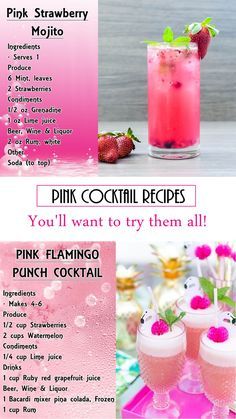 pink cocktail menu with drinks in glasses and strawberries on the rim, next to each other