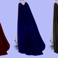 three different colored gowns on mannequins in front of a blue background