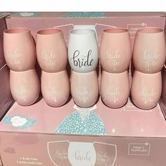 six bride wine glasses in a pink box