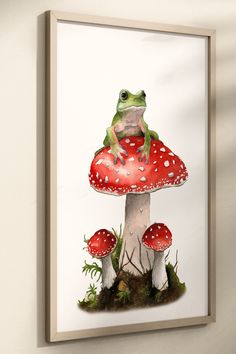 Frog Mushroom Watercolor Art Print Whimsical Woodland Nursery Decor Wall Art Mushroom Red Toadstool Whimsical Woodland Nursery, Frog Watercolor, Mushroom Watercolor, Woodland Wall Decor, Frog Wall Art, Cottagecore Frog, Art Frog, Frog Mushroom, Toadstool Mushroom