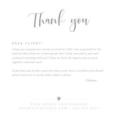 a white thank card with the words, thank you dear client and an image of a flower