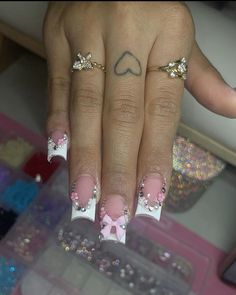 nails , french tips , bows , bling , inspo French Nails With Charms, French Tip Bling Nails, French Tips With Charms, French Tip With Charms, Short Blinged Out Nails, Duck Nail Ideas, Nails French Tips, Duck Nails, White French Tip