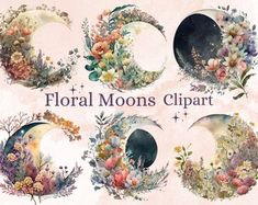 floral moon clipart with flowers and crescents on pink watercolor background for commercial use