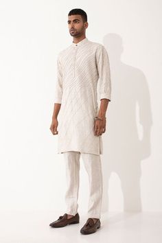 Ivory straight kurta featuring pintucks in geometric pattern. Paired with a solid straight pant. - Aza Fashions White Cotton Kurta With Geometric Embroidery, Festive White Kurta With Geometric Embroidery, Men Kurta, Straight Kurta, Kurta With Pants, Pin Tucks, Straight Pants, Aza Fashion, Mens Pants