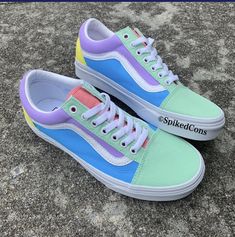 Custom colored all white canvas Vans Old Skool Low Top (aunthentic) Colored with yellow teal pink and light purple to trade out or change a color placement please be very specific in the details when ordering Shoes not available in sizes smaller than * 3.5 youth/women 5 unless noted  Be aware of your Vans size before ordering shoes may run big for some and a size smaller may need to be ordered  Any questions feel free to ask Neon Vans, Custom Slip On Vans, Pastel Vans, Vans Shoes Fashion, Vans Custom, Vans Old Skool Low, Cute Vans, Vans Old School, Sweet Tart