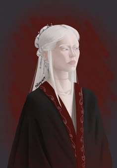 a drawing of a woman with white hair wearing a black dress and red shawl