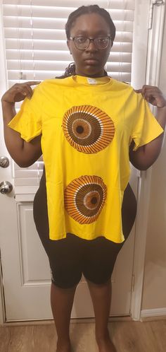 Round-neck tee with African print embelishment Printed Yellow Crew Neck Tops, Yellow Graphic Print T-shirt, Yellow Printed Graphic Tee, Katy Tx, Round Neck Tees, African Print, Ankara, Womens Clothing Tops, Round Neck