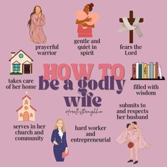 the words how to be a godly wife are arranged in a circle on a pink background