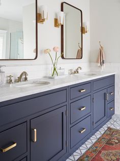 White and Navy Bathroom Remodel with Modern Brass Finishes White And Navy Bathroom, Navy Blue Bathrooms