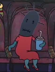 a cartoon character holding a drink in one hand and a toothbrush in the other