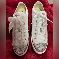 Custom Converse- Silver Stubs But Can Be Changed To A Color You Desire Leave A Comment Below If You Would Like A Different Color! Remixing By Jazzi Jai Bling Converse, Custom Bling, Custom Converse, Converse White, Womens Converse, A Color, Converse Shoes, White Silver, Womens Shoes Sneakers