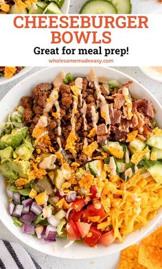 a white bowl filled with cheeseburger bowls next to sliced cucumbers and other vegetables