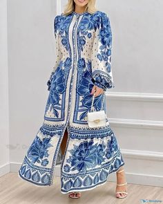 OrcaJump - Exquisite Floral Print Maxi Dress with Puff Lantern Sleeves Blue Floral Print Dress With Lantern Sleeves, Blue Long Sleeve Printed Maxi Dress, Eva Dress, Diamond Dress, Maxi Dress Pattern, Floral Print Maxi Dress, Floral Print Maxi, Sleeve Maxi Dress, Long Sleeve Maxi