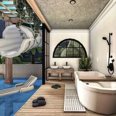 a bathroom with a large bathtub next to a swimming pool