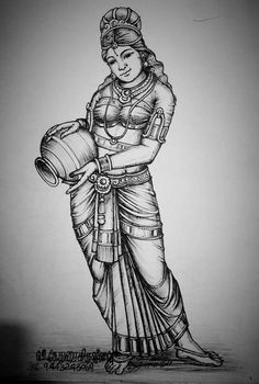 a pencil drawing of a woman holding a bucket