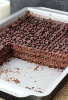 a chocolate cake sitting on top of a white pan next to a glass of milk