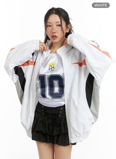 vintage-oversized-striped-nylon-jacket-cm426 / White Spring Varsity Windbreaker With Long Sleeves, Spring Varsity Style Long Sleeve Windbreaker, Varsity Style Long Sleeve Spring Windbreaker, Spring Varsity Long-sleeve Windbreaker, Spring Varsity Long Sleeve Windbreaker, Casual Spring Track Jacket With Contrast Stripes, Sporty Long Sleeve College Windbreaker, Sporty Long Sleeve Windbreaker For College, Oversized Long Sleeve Windbreaker For College