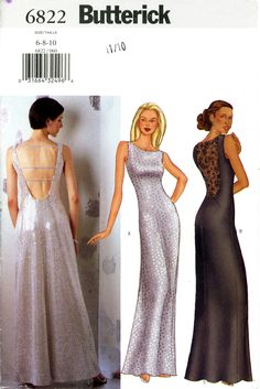 two women in evening gowns, one with open back