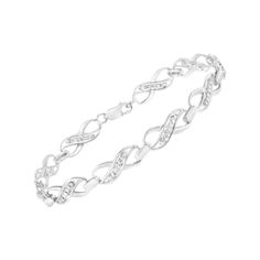 Treat yourself to this elegant and refined infinity link bracelet. Created in cool .925 sterling silver, this piece is designed with silver infinity links with a streak in the middle of round-cut diamonds. This prong set, diamond accent piece is 7.25 inches in length and will be the perfect addition to your jewelry collection. Infinity Diamond Bracelet For Formal Occasions, Diamond Infinity Bracelet For Anniversary, Infinity Diamond Bracelet For Anniversary, Classic Silver Infinity Jewelry, Timeless Infinity Silver Jewelry, Timeless Silver Infinity Jewelry, Formal Infinity Diamond Bracelet, Silver Infinity Diamond Bracelet For Formal Occasions, Infinity Diamond Bracelet With Accents For Anniversary