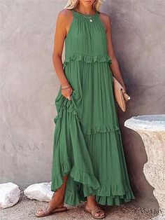 Lasaky - Resort Style Long Dress with Lotus Leaf Border and Flowy Hem, Perfect for Beach Vacations Flowy Beach Dress, Sukienki Maksi, Ruffle Long Dress, Tie Up Dress, Holiday Dresses Women, Flowing Fabric, Dresses Green, Dress Cake, Sleeveless Long Dress