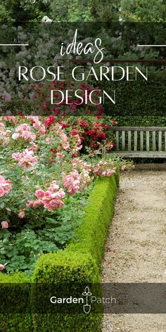 a garden with pink flowers and green hedges