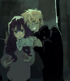 two anime characters standing next to each other in front of a dark background with one pointing at the camera