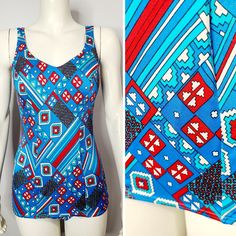 Vintage 1970s swimsuit in a funky red, white, and blue geometric print. Lined, molded cups. Lined in the crotch. Skirted style bottom. Label is St. Michael. Made in the UK. Material content is nylon and elastane. Looks best for a D cup. Tag says it will fit bust of 40" (measures 34" to 40") and hips of 42" (measures 35" and stretches to 42").  Waist is 25" and can stretch to 34".  Shoulder to crotch is 28" and can stretch to 34". Excellent and clean condition - no flaws. *please double check des 1970s Swimsuit, 70s Bathing Suit, St Michael, Vintage 1970s, Red White And Blue, Skirt Fashion, Women Swimsuits, Geometric Print, Bathing Suit