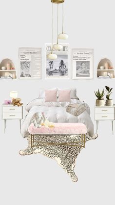 the bedroom is decorated in white and pink tones with animal prints on the bedding