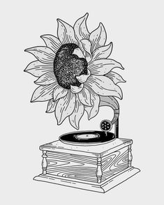 a drawing of a record player with a sunflower on it's turntable