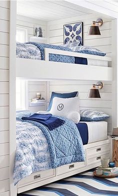 bunk beds with blue and white bedding in a room