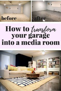 a living room filled with furniture and an area rug that says how to transform your garage into a media room