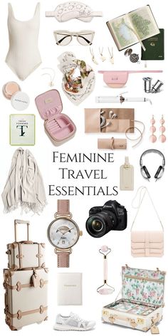 the feminine travel essentials are organized and ready to be used in any type of fashion