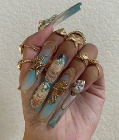 #nailart Turquoise Gold Nails, Chrome Junk Nails, Gaudy Nails, Extra Nails Designs, Rococo Nails, Eccentric Nails, Pierced Nails, Extravagant Nails, Aquarius Nails