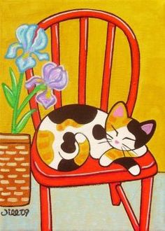 a painting of a cat sitting in a red chair next to a flower pot with purple flowers