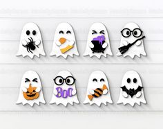 halloween ghost cut outs with different faces and words in the shape of pumpkins, bats, eyes, nose, mouth