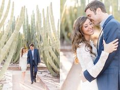 a bride and groom walking in front of cacti