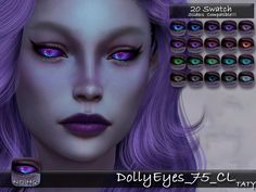 an animated image of a woman with purple hair and blue eyeliners on her face