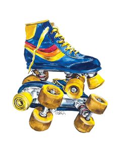 a drawing of a blue and yellow skateboard with two rollers on it's wheels