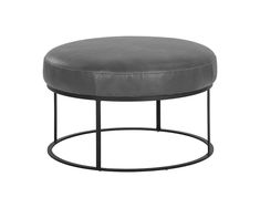 a round ottoman sitting on top of a metal stand