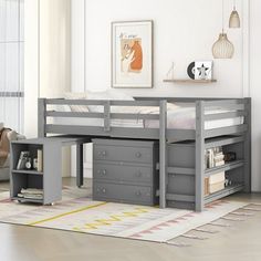 a gray loft bed with drawers underneath it