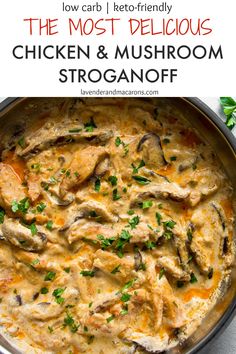 the most delicious chicken and mushroom stroganonoff in a pan with parsley on top