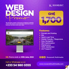 a purple and yellow advertisement with the words web design pronto on it's side