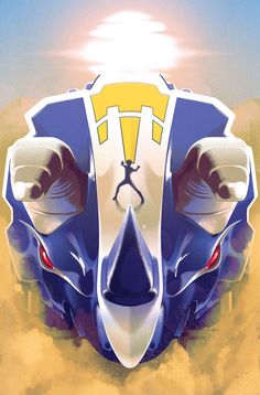 a stylized image of a blue and white mask with yellow accents on it's face