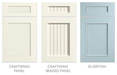 four different types of kitchen cabinet doors with names on the front and side paneling