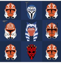 six helmets with different designs on them, all in orange and blue colors to represent star wars