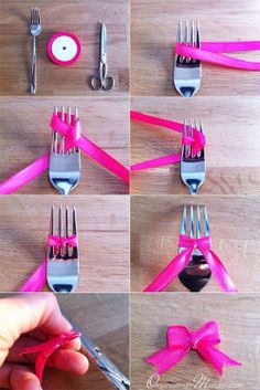 there are many different types of utensils with pink ribbons on them, including forks and spoons