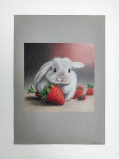 a drawing of a bunny with strawberries in front of it on a white background